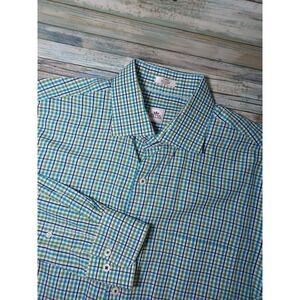 Peter Millar Men's Large Shirt Green/Blue Check Plaid, Button-Up, Long Sleeve